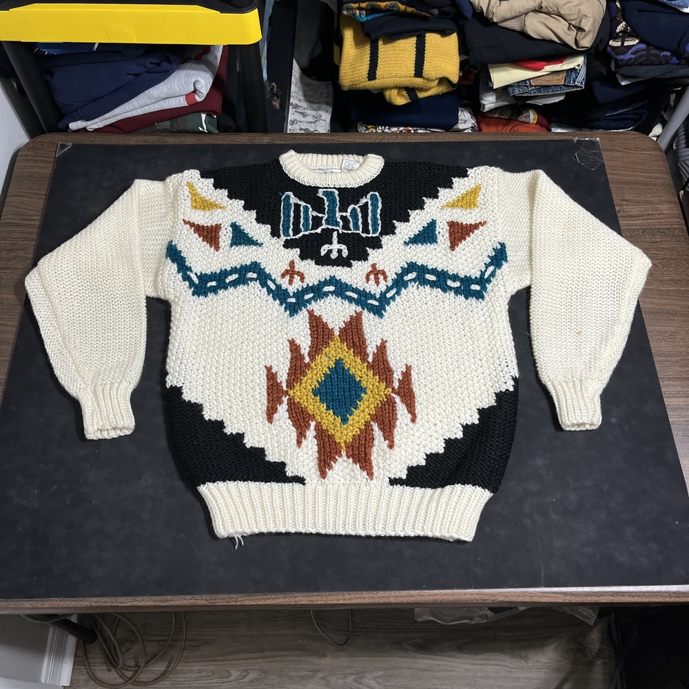 Vintage Thunderbird Sweater Men Aztec Polo Western Geometric Knit Pullover 80s